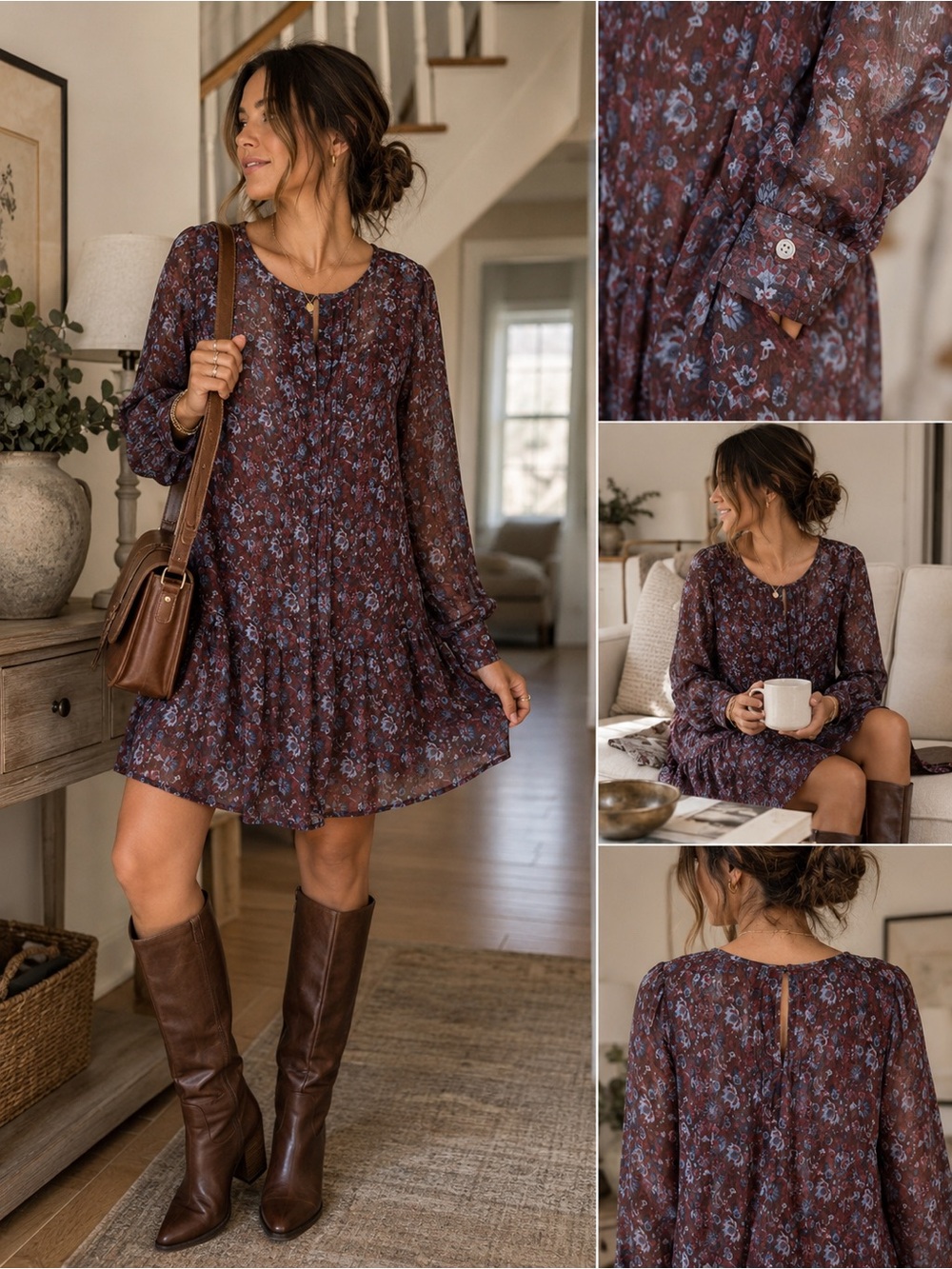 LOFT Burgundy and Dusty Blue Floral Blouse